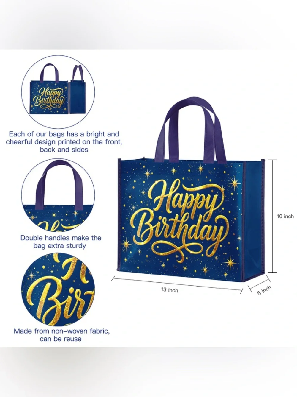 Happy Birthday Reusable Tote Bag - Gold Script on Blue